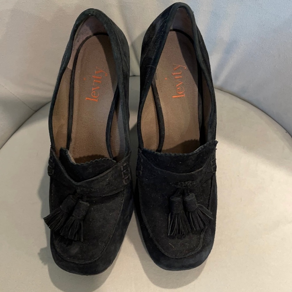 Black suede high heel loafers